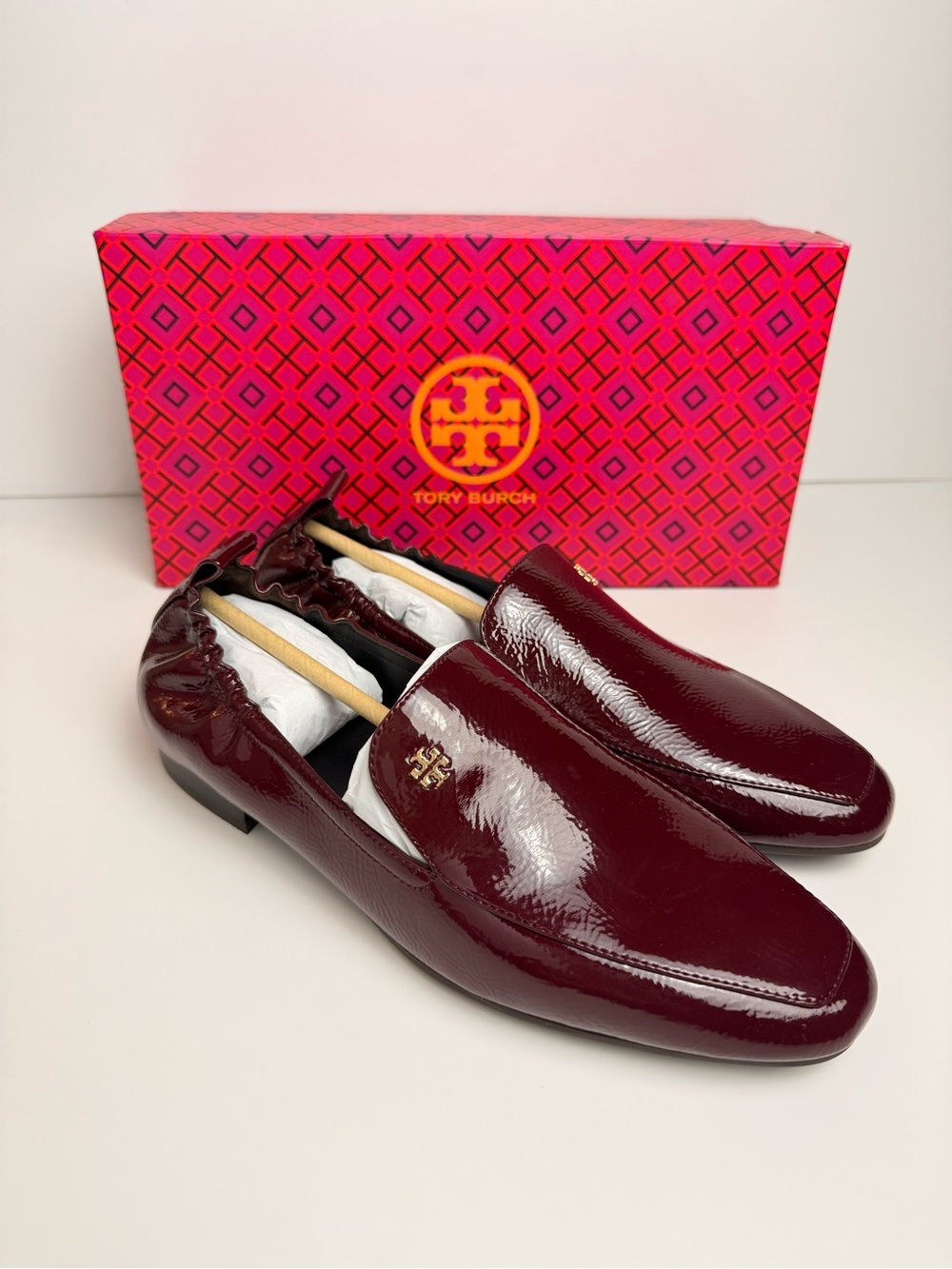 Tory‎ Burch Kira 20mm Elastic Loafer Softy Naplak Patent Royal Burgundy Size 8.5 - Picture 6 of 11